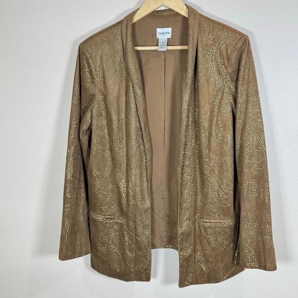 VTG Chicos Blazer Large Vegan Suede Tan embroidered Paisley Bohemian Open Front - Picture 2 of 10